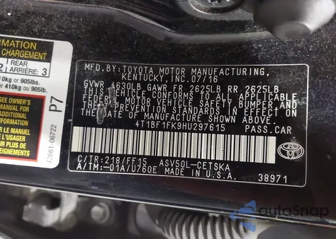 2017 Toyota Camry Se z USA, uszkodzony, nr VIN 4T1BF1FK9HU297615